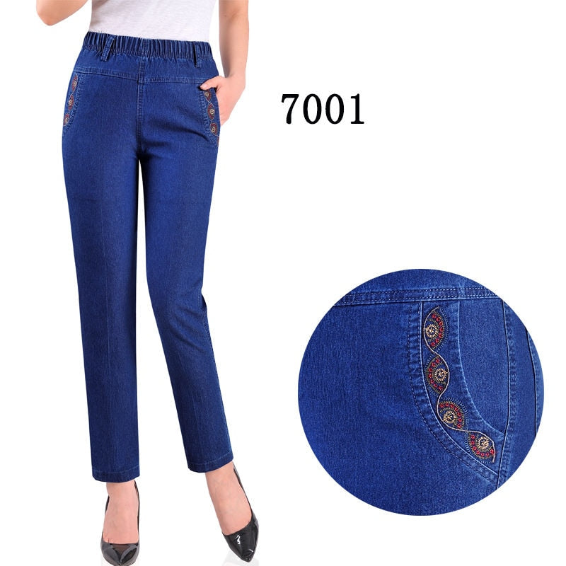 Mom Jeans Denim Trousers Womens Jeans Baggy High Waist Casual Embroidery