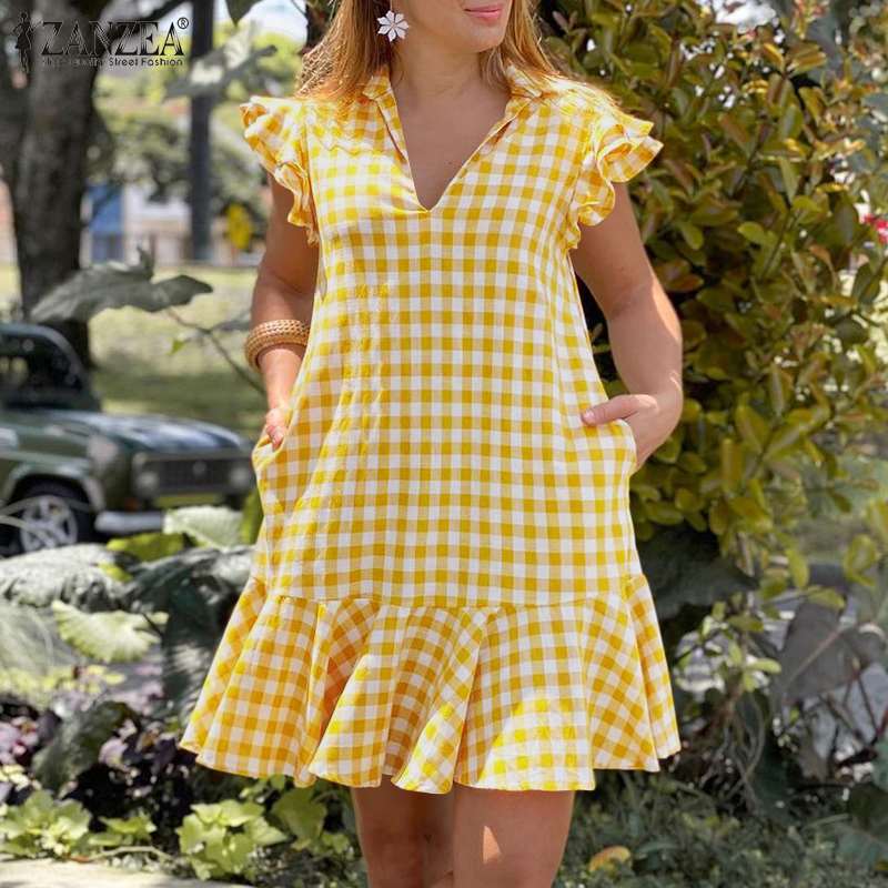 Women Fashion Mini Sundress ZANZEA Elegant V Neck Casual Plaid Print Short Dresses 2022 Summer Sleeveless Ruffle Dress