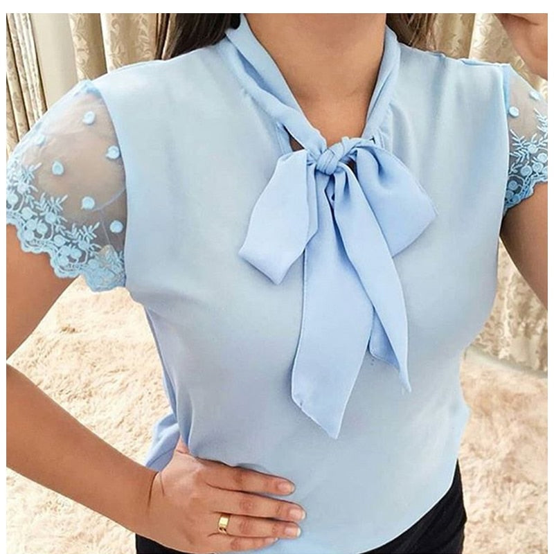 S-5XL New 2022 Lace Up Bow Tie Shirt Summer Lace Short Sleeve Solid Chiffon Casual Blouse Elegant Office Lady Blusas Woman Tops