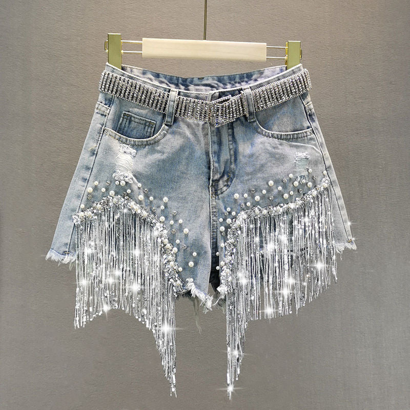 2021 Women Spring Summer New Elegant Shorts Lady Tassel Beading High Waist Wide Leg Denim Shorts Female Casual Solid Shorts