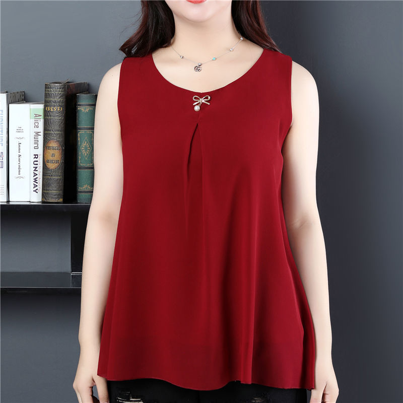 Obesity Women Chiffon Shirt 2022 New Summer Sleeveless O-neck Blouse Casual Solid White/Red Loose Oversized Female Tops