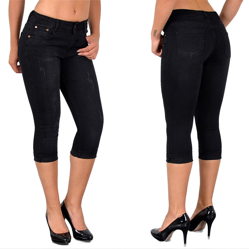 Capri Ripped High Waist Skinny Jeans Knee Length