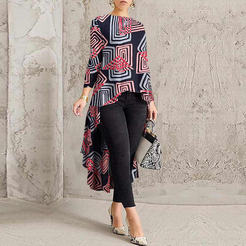 Women Casual Long Sleeve Blusa Irregular Blouse 2022 ZANZEA Elegant Geometric Printed Tops Female O Neck Tunic Chemise