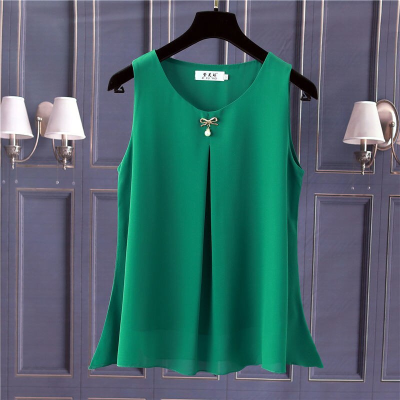 Obesity Women Chiffon Shirt 2022 New Summer Sleeveless O-neck Blouse Casual Solid White/Red Loose Oversized Female Tops