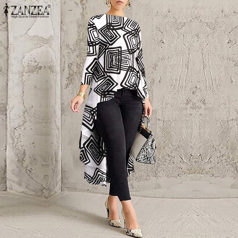 Women Casual Long Sleeve Blusa Irregular Blouse 2022 ZANZEA Elegant Geometric Printed Tops Female O Neck Tunic Chemise