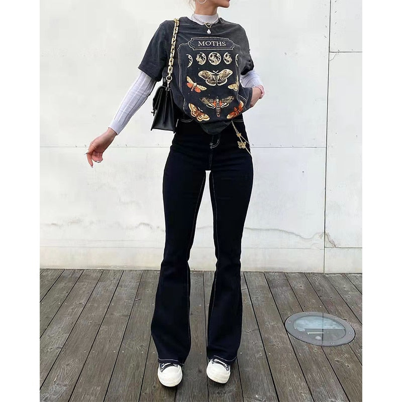 High Waisted stretchy Flared Jeans Women Vintage
