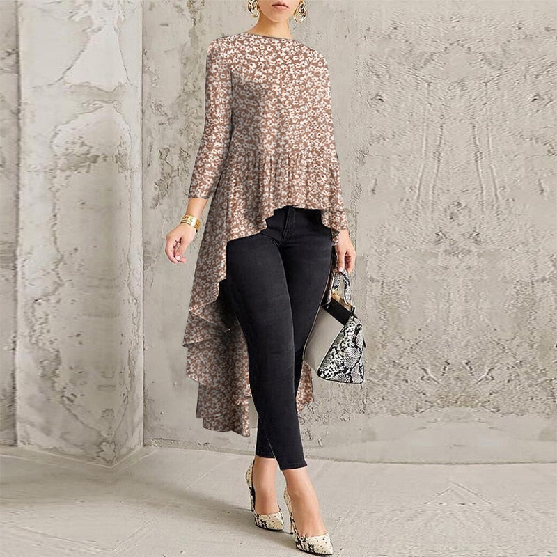 Women Casual Long Sleeve Blusa Irregular Blouse 2022 ZANZEA Elegant Geometric Printed Tops Female O Neck Tunic Chemise