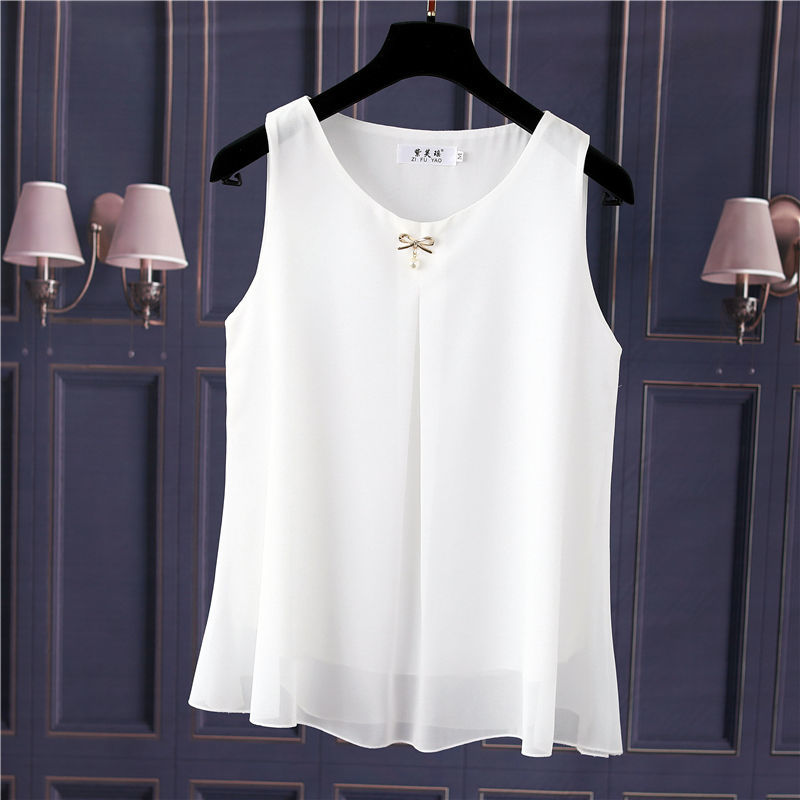 Obesity Women Chiffon Shirt 2022 New Summer Sleeveless O-neck Blouse Casual Solid White/Red Loose Oversized Female Tops