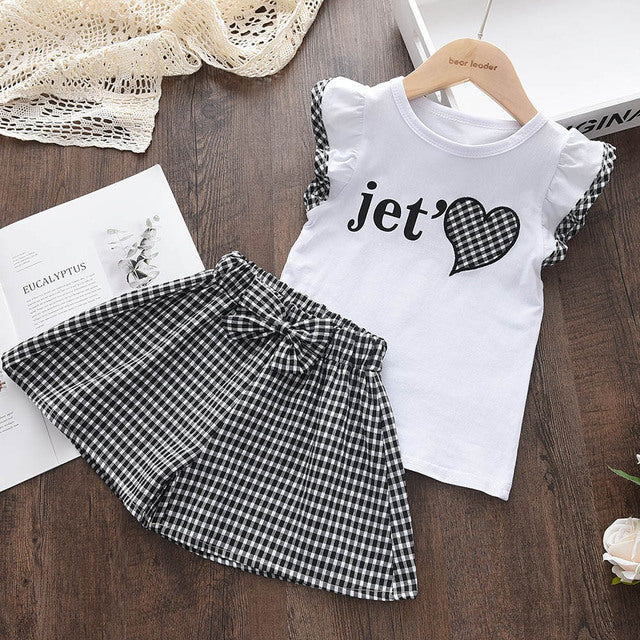 Keelorn Baby Girls New Clothes Suits 2022 Summer Love Plaid Print Toddler Girl Kids Clothes Tshirt Tops Waistband Pants Set 2-6Y