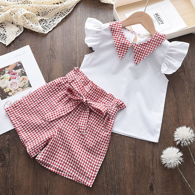 Keelorn Baby Girls New Clothes Suits 2022 Summer Love Plaid Print Toddler Girl Kids Clothes Tshirt Tops Waistband Pants Set 2-6Y