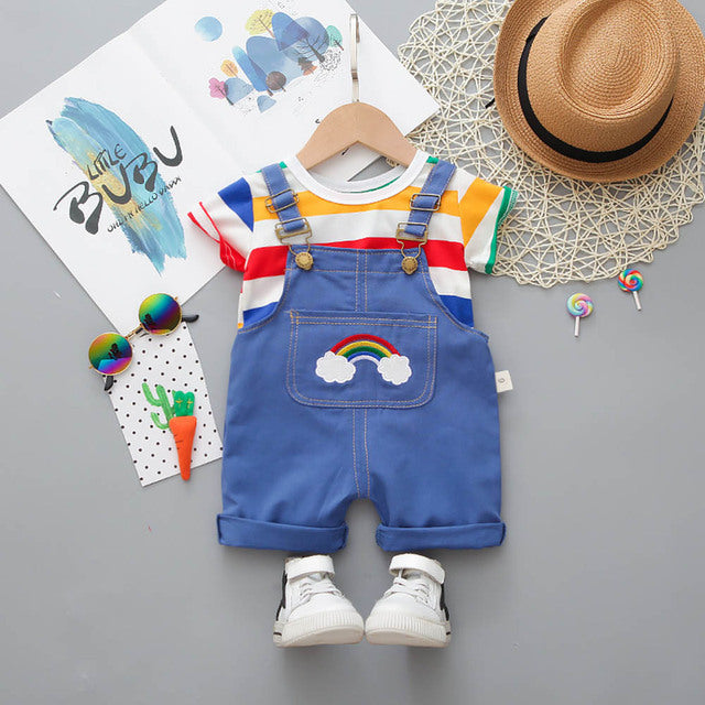 Menoea Kids Clothes Girls Sets Summer Denim Overalls Suit for Baby Boys Clothing Stripes T-Shirt Shorts Suits Children Outfits