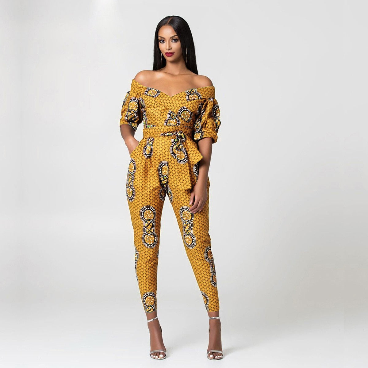 African Clothes Women Jumpsuit 2022 Fashion Shoulder Off Ankara Style Trousers Africaine Jumpsuits Rompers Lady Lace Party Robe