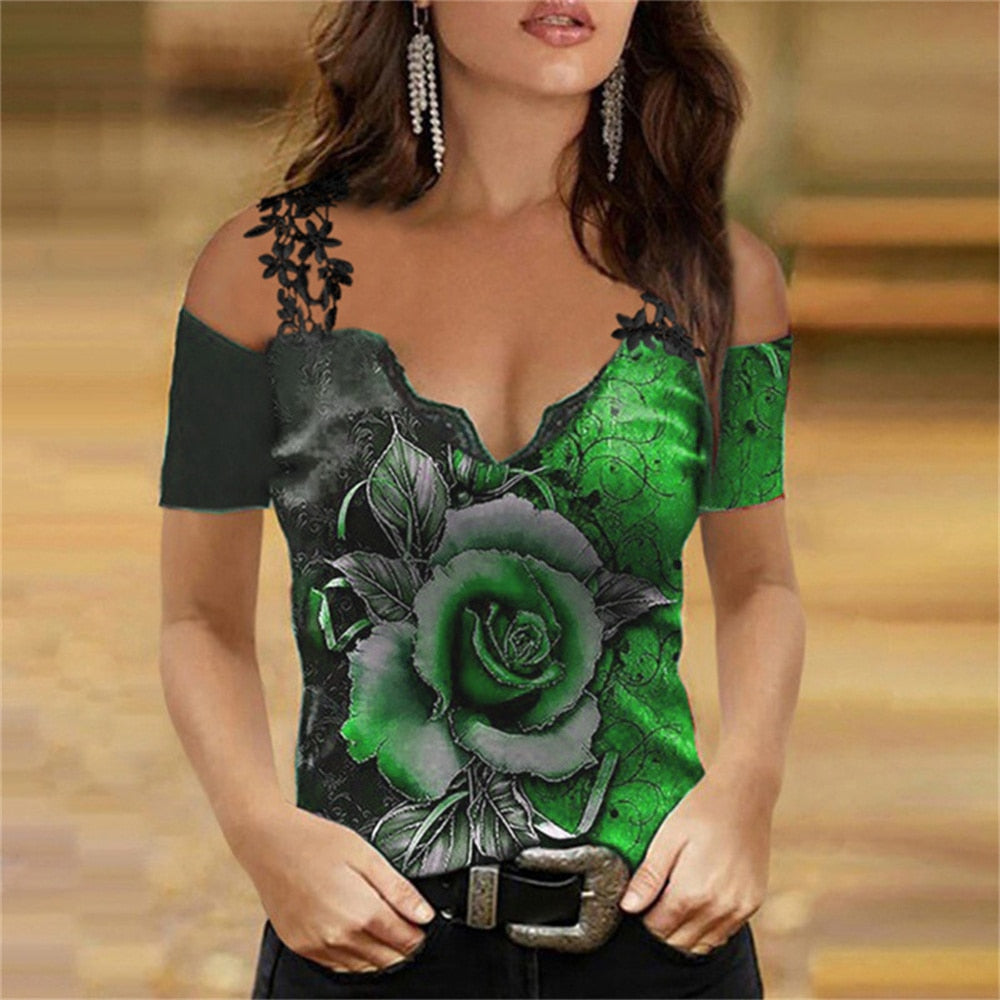 New Sexy Lace Print T-Shirt Women's Top Casual O-Neck Short Sleeve Tees Shirt Loose Summer Elegant Off Shoulder Pullover Tshirts