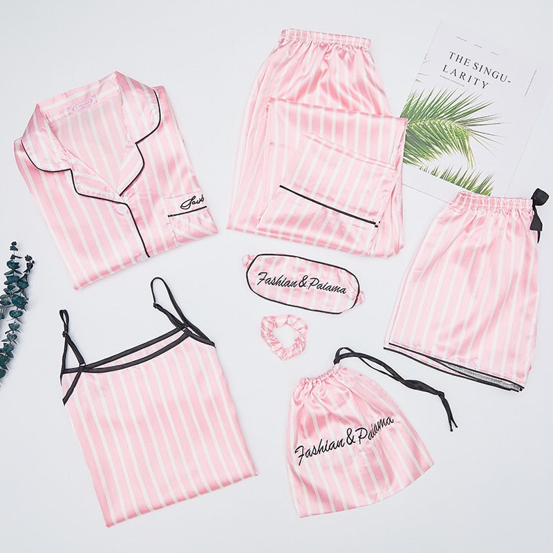 Pink Women's 7 Pieces Pajamas Sets Faux Silk Striped Pyjama Women Sleepwear Spring Summer Autumn Homewear Lounge Home Clothes
