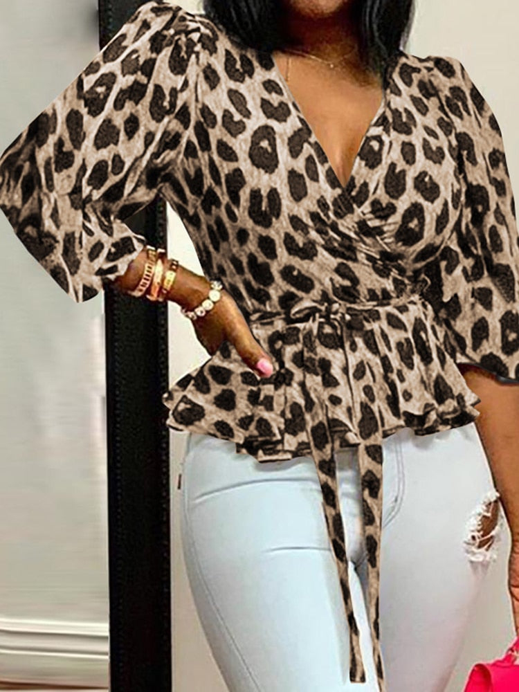 Celmia Women Elegant Blouse 2022 Summer Sexy V-Neck Leopard Print Tunic Shirt Belted Office Fashion Top Ruffles Blusas Femininas