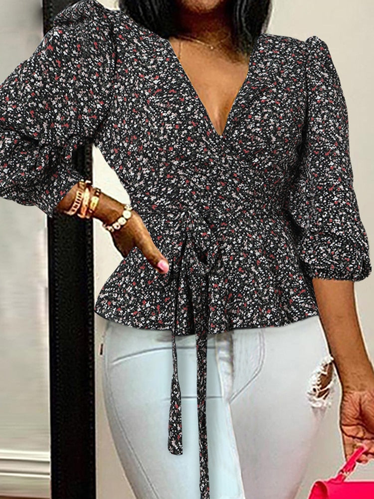 Celmia Women Elegant Blouse 2022 Summer Sexy V-Neck Leopard Print Tunic Shirt Belted Office Fashion Top Ruffles Blusas Femininas