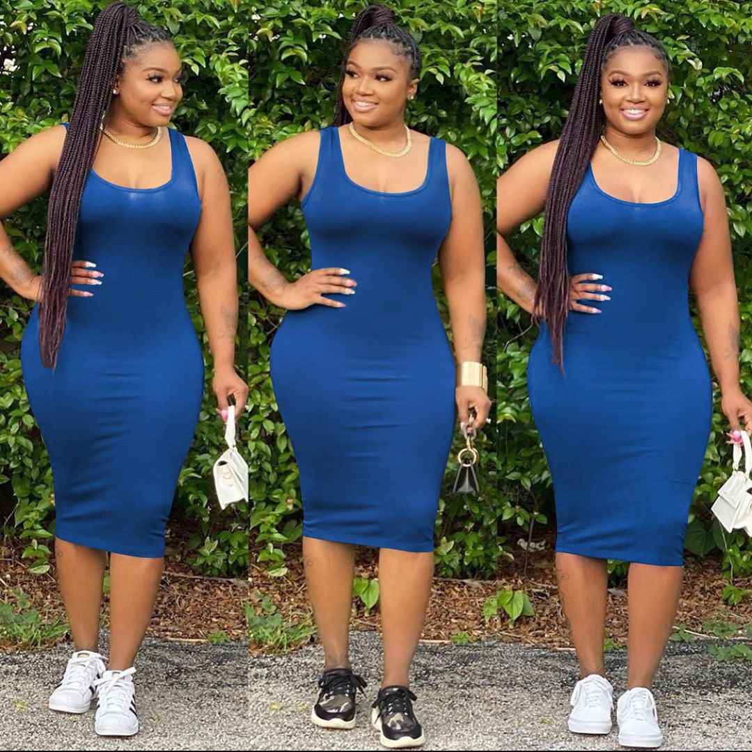 CM.YAYA Women Sleeveless Tank Knee Length Bodycon Midi Dress Sport Fashion Bandage Pencil Dresses Vestidos