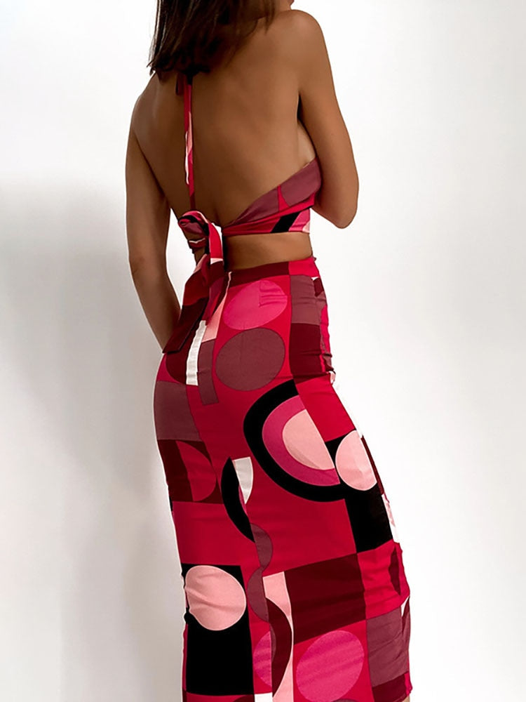 Summer Women's Dress Fashion Printing Party Halter Dresses for Women Sexy Low Cut Backless Robe Elegant Tie-Up Femme Vestidos