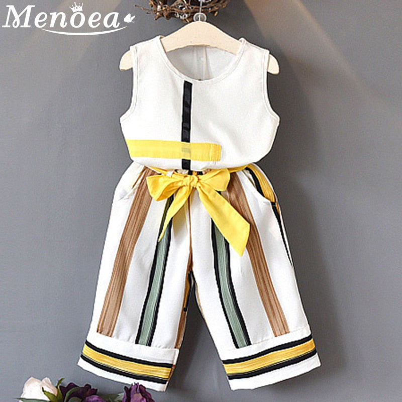 Menoea Girls Clothes Suits 2022 Summer Sleeveless Striped Tops Long Pants Clothing Sets For 3-7Y Kids Baby Girl Outfits Costumes