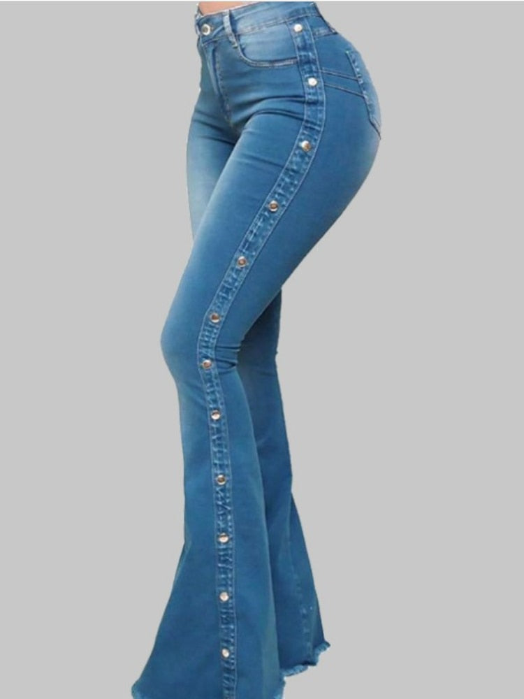 2022 Spring and Summer New Women's High Waist Elastic Classic Ladies Mopping Denim Sexy Slim Solid Color Washed Flared Pants