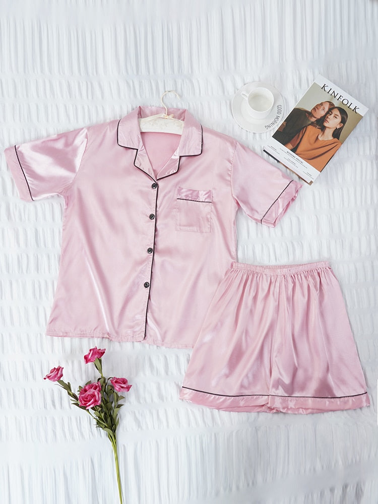 Pink Women's 7 Pieces Pajamas Sets Faux Silk Striped Pyjama Women Sleepwear Spring Summer Autumn Homewear Lounge Home Clothes