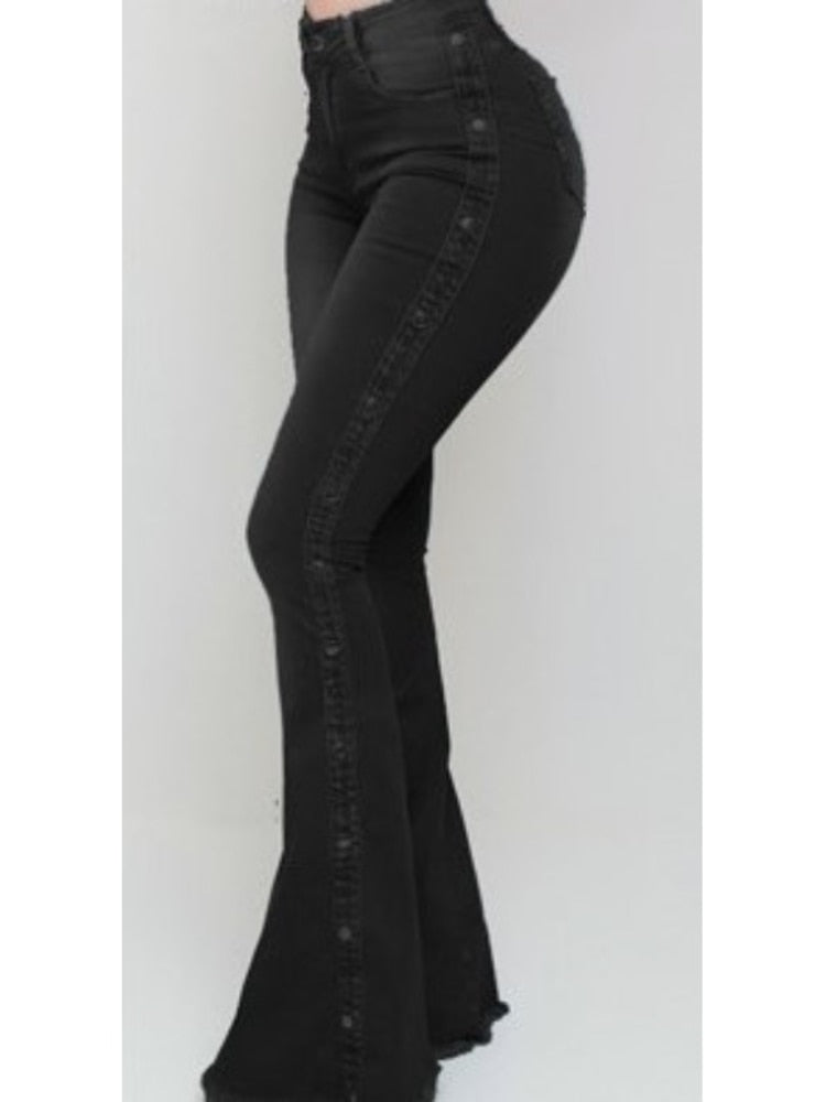 2022 Spring and Summer New Women's High Waist Elastic Classic Ladies Mopping Denim Sexy Slim Solid Color Washed Flared Pants