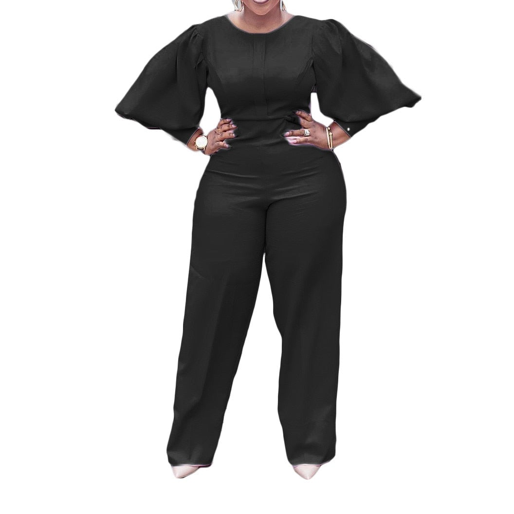 New Autumn Jumpsuits for Women's Orange Printed High Waisted Lantern Sleeve Fashion Elegant High Street Wear Long Rompers Cloth