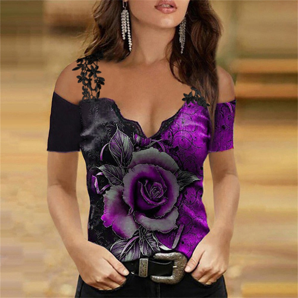 New Sexy Lace Print T-Shirt Women's Top Casual O-Neck Short Sleeve Tees Shirt Loose Summer Elegant Off Shoulder Pullover Tshirts