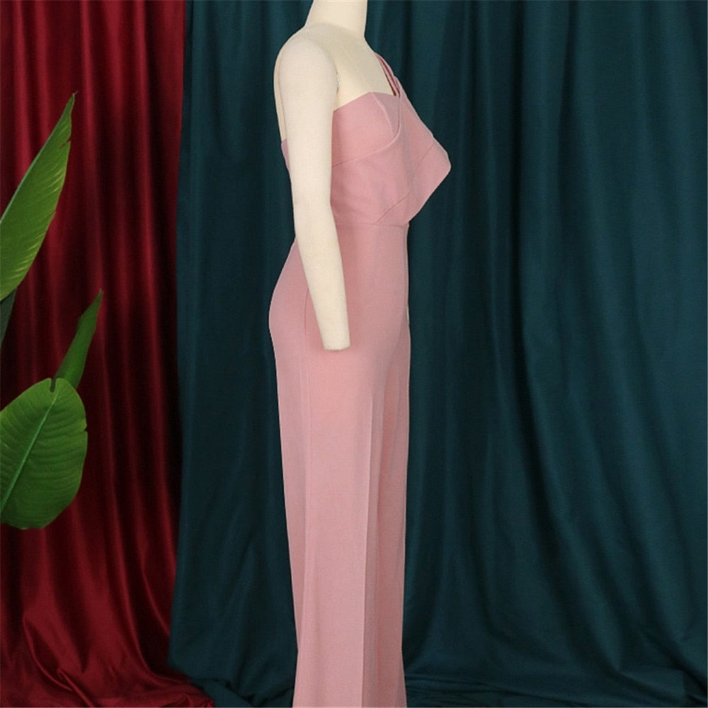 Niche Design Sexy One-shoulder Ruffle Pink Women's Party Jumpsuit Elegant High Waist Overall One Piece Evening Summer Jumpsuits