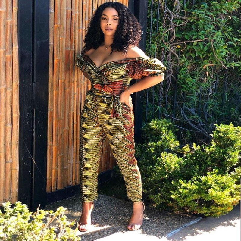 African Clothes Women Jumpsuit 2022 Fashion Shoulder Off Ankara Style Trousers Africaine Jumpsuits Rompers Lady Lace Party Robe