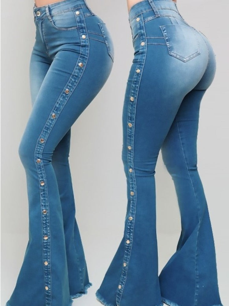 2022 Spring and Summer New Women's High Waist Elastic Classic Ladies Mopping Denim Sexy Slim Solid Color Washed Flared Pants