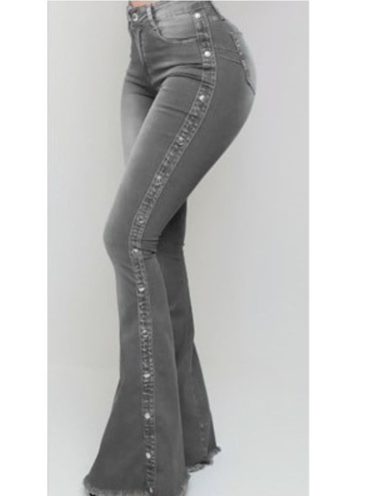 2022 Spring and Summer New Women's High Waist Elastic Classic Ladies Mopping Denim Sexy Slim Solid Color Washed Flared Pants