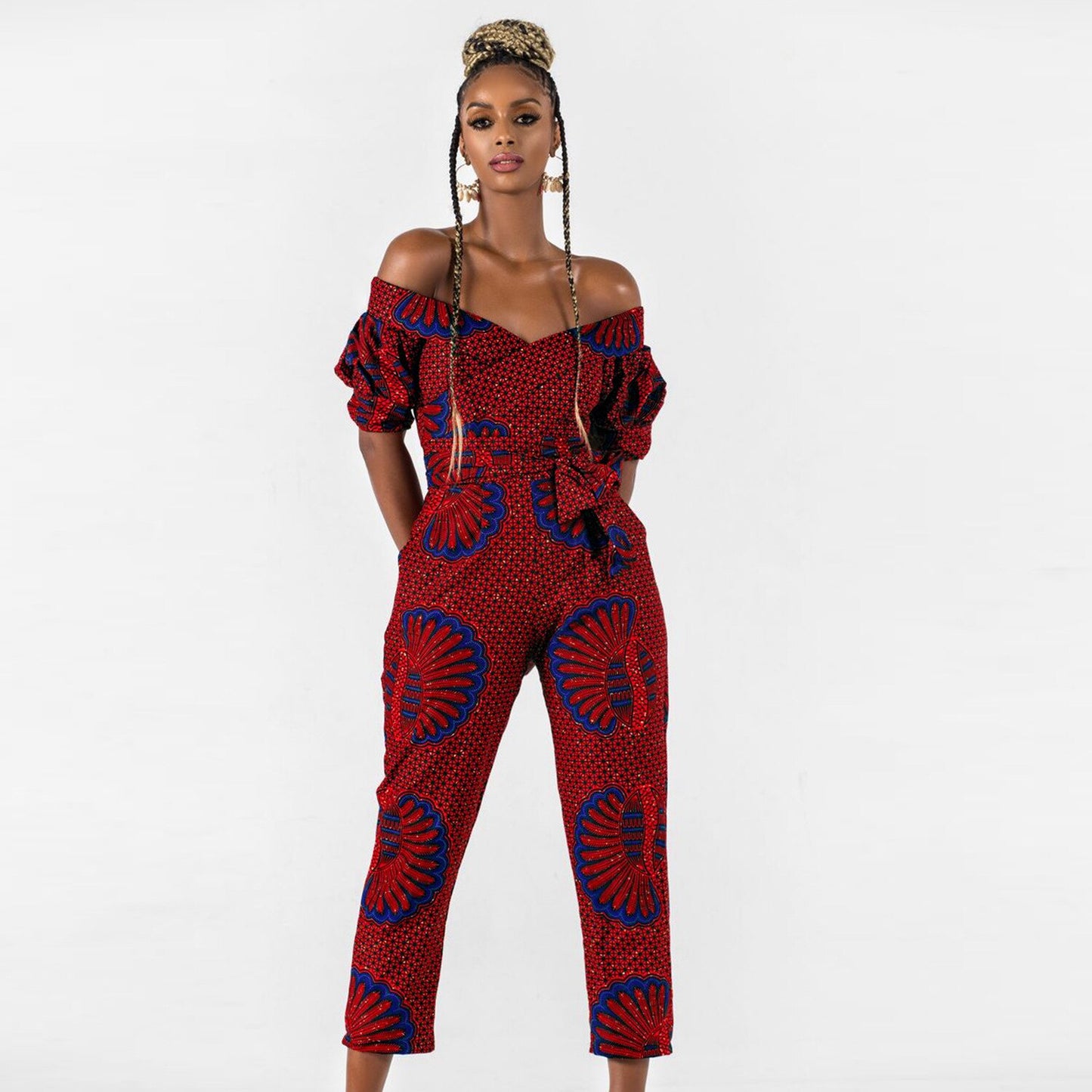 African Clothes Women Jumpsuit 2022 Fashion Shoulder Off Ankara Style Trousers Africaine Jumpsuits Rompers Lady Lace Party Robe
