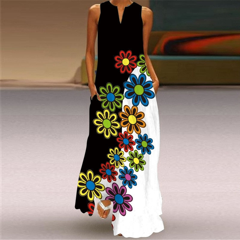 Vintage Printed Sleeveless V-Neck Long Dress