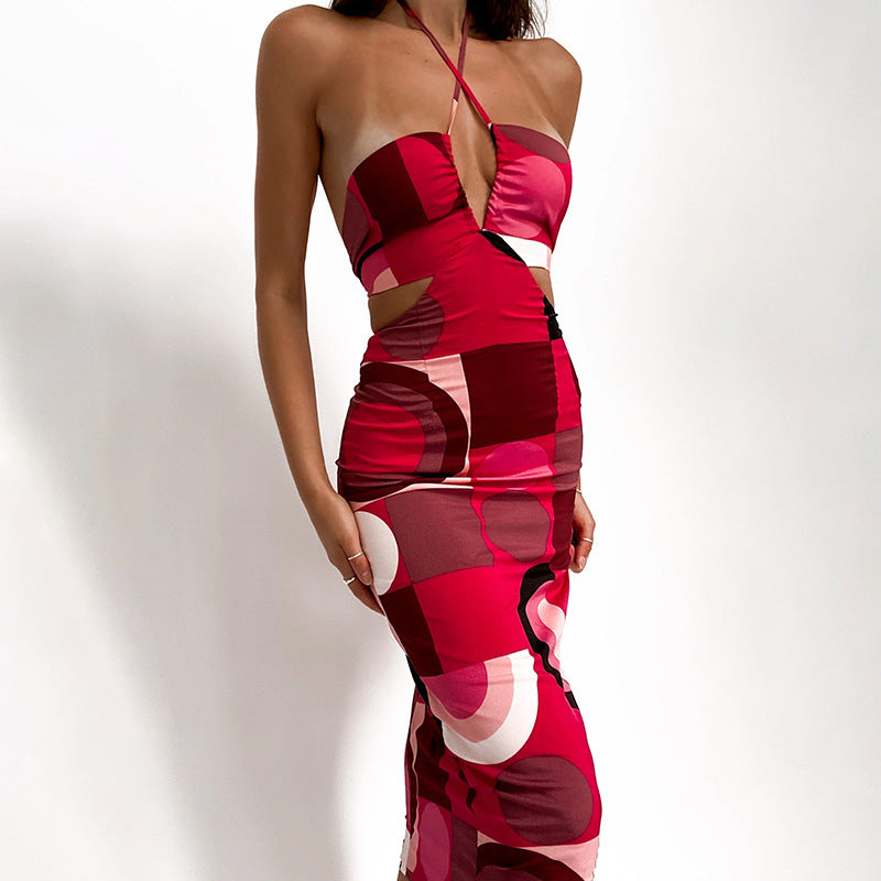 Summer Women's Dress Fashion Printing Party Halter Dresses for Women Sexy Low Cut Backless Robe Elegant Tie-Up Femme Vestidos