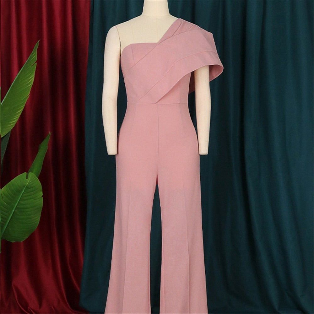 Niche Design Sexy One-shoulder Ruffle Pink Women's Party Jumpsuit Elegant High Waist Overall One Piece Evening Summer Jumpsuits
