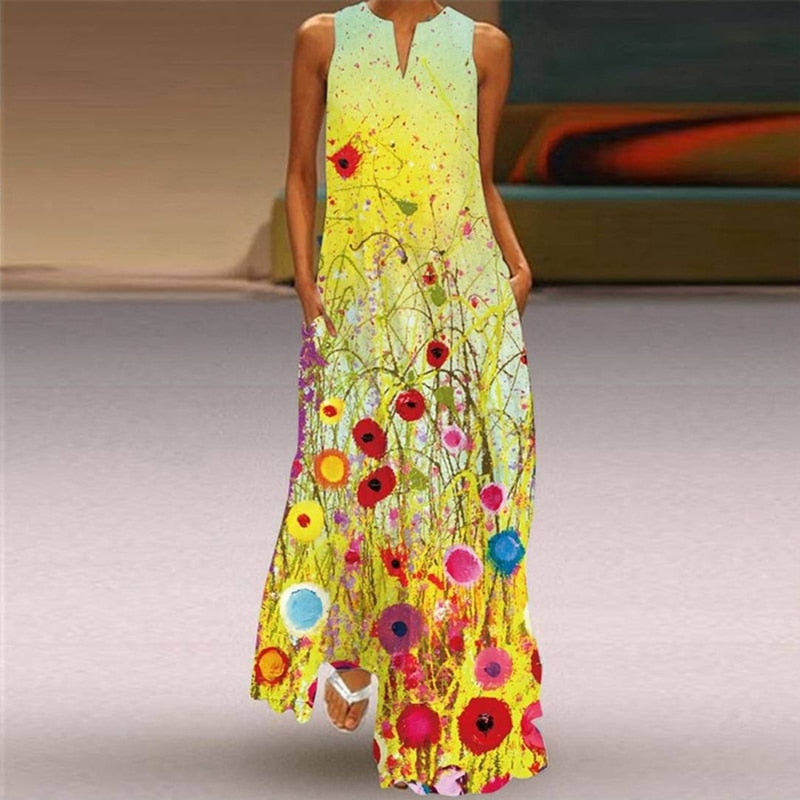 Vintage Printed Sleeveless V-Neck Long Dress