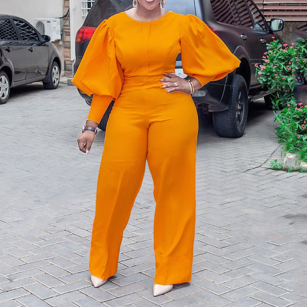 New Autumn Jumpsuits for Women's Orange Printed High Waisted Lantern Sleeve Fashion Elegant High Street Wear Long Rompers Cloth