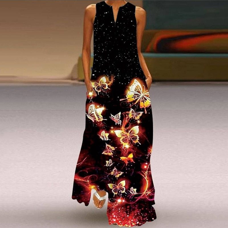 Vintage Printed Sleeveless V-Neck Long Dress