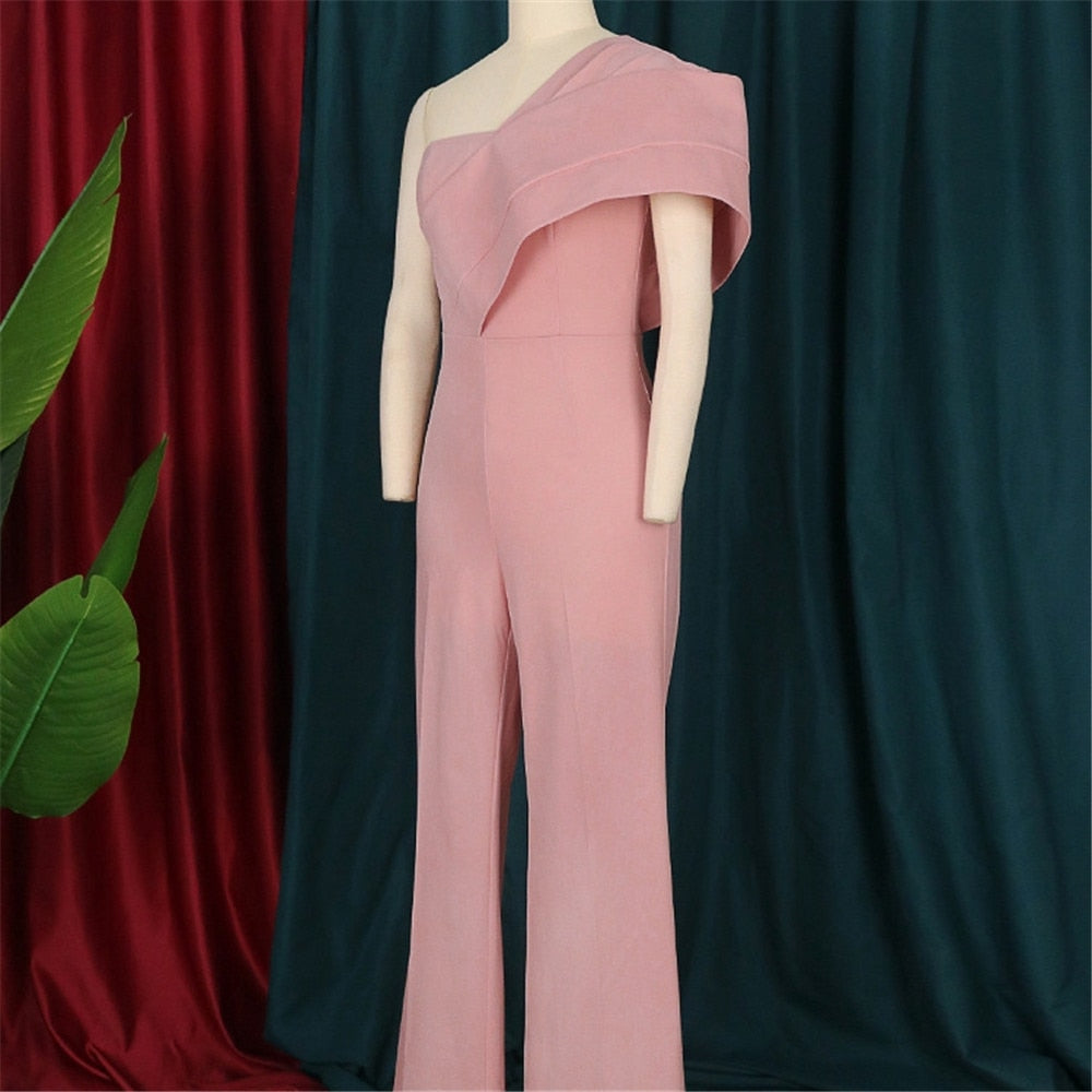 Niche Design Sexy One-shoulder Ruffle Pink Women's Party Jumpsuit Elegant High Waist Overall One Piece Evening Summer Jumpsuits
