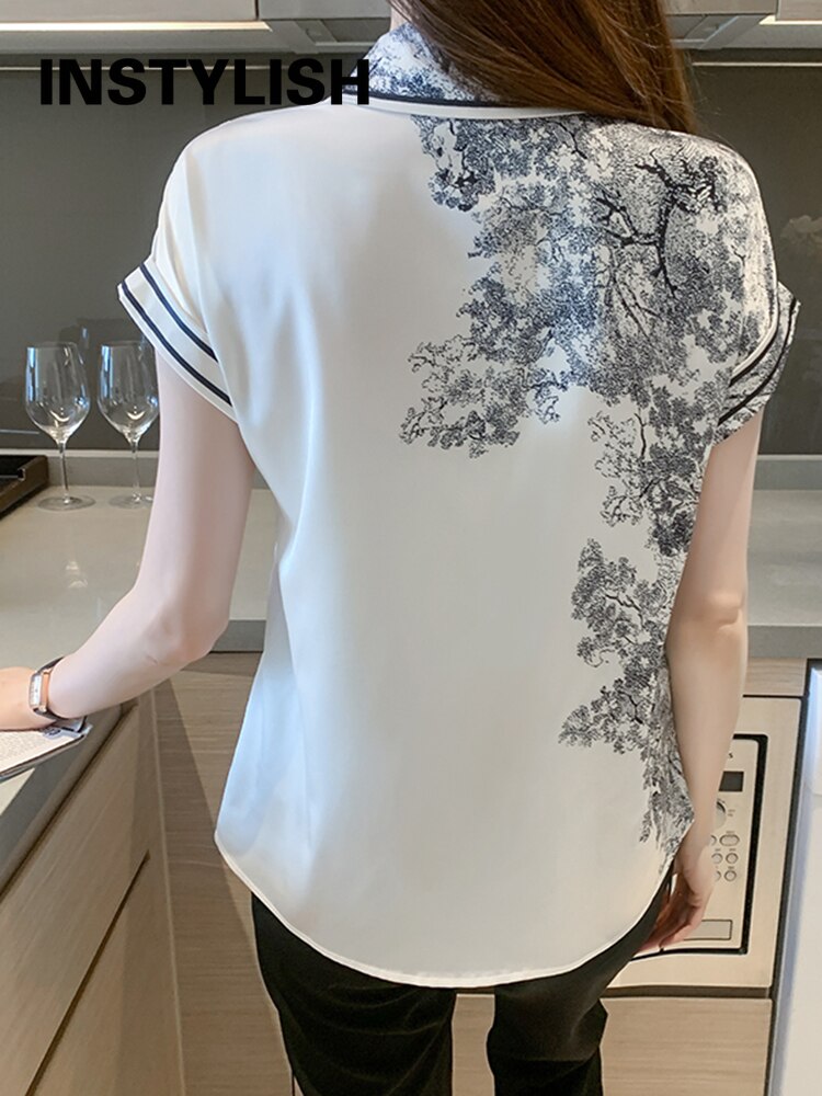 Elegant Satin Luxury Women's Blouses Summer Casual Fashion Short Sleeve Print Stitching Bow Collar Shirt Loose Tops Chic Tunics