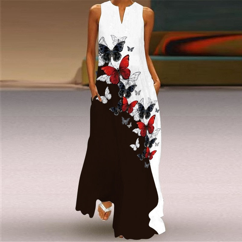 Vintage Printed Sleeveless V-Neck Long Dress
