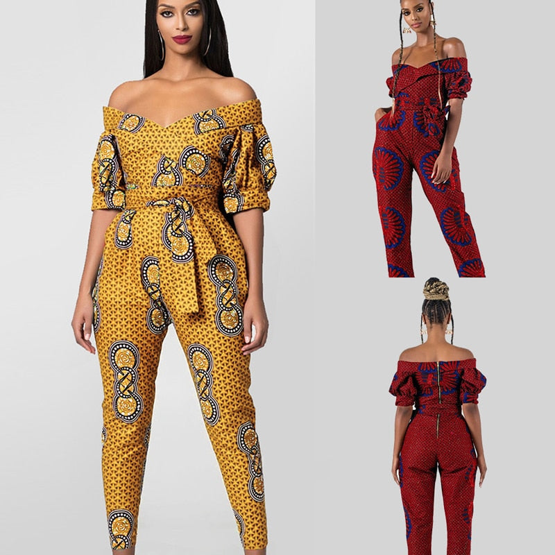 African Clothes Women Jumpsuit 2022 Fashion Shoulder Off Ankara Style Trousers Africaine Jumpsuits Rompers Lady Lace Party Robe