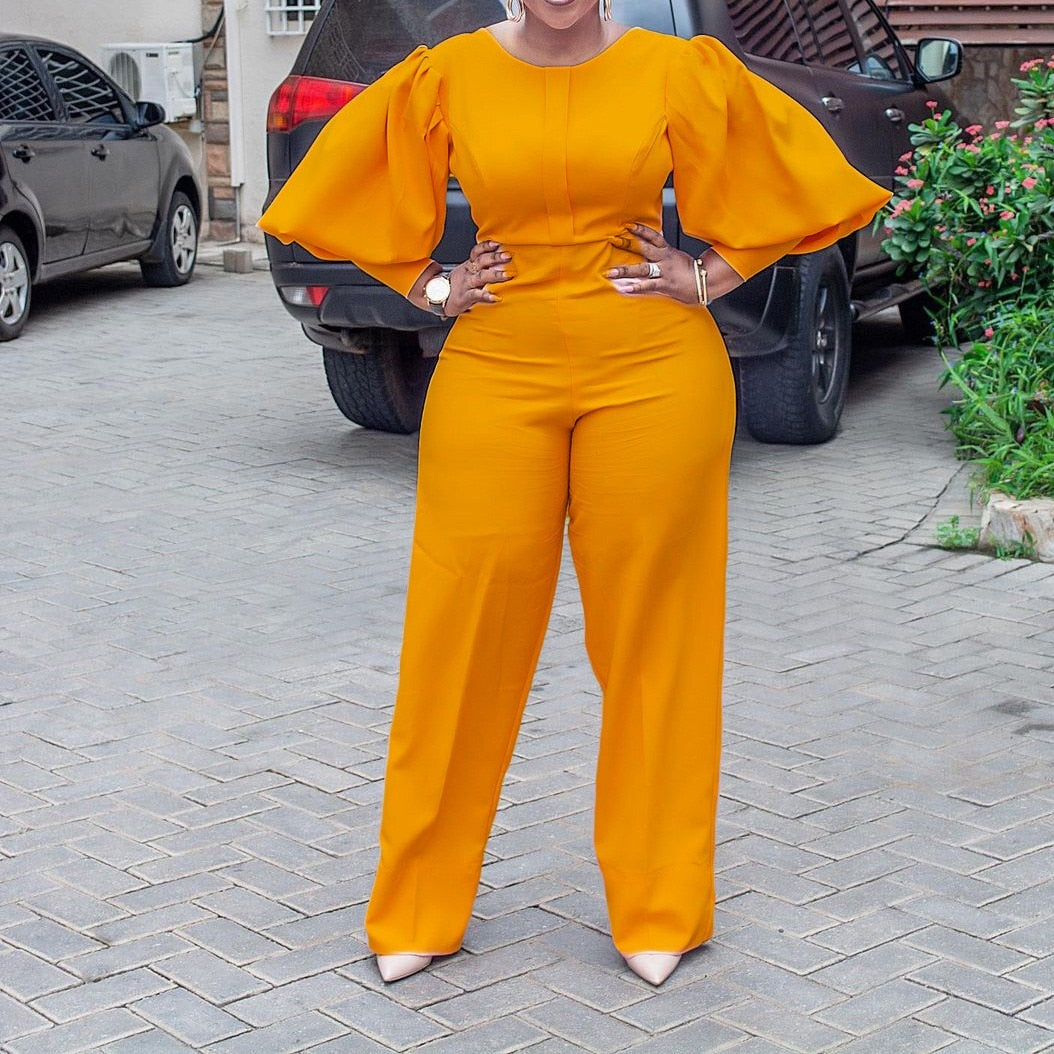 New Autumn Jumpsuits for Women's Orange Printed High Waisted Lantern Sleeve Fashion Elegant High Street Wear Long Rompers Cloth