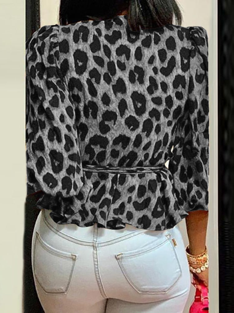 Celmia Women Elegant Blouse 2022 Summer Sexy V-Neck Leopard Print Tunic Shirt Belted Office Fashion Top Ruffles Blusas Femininas