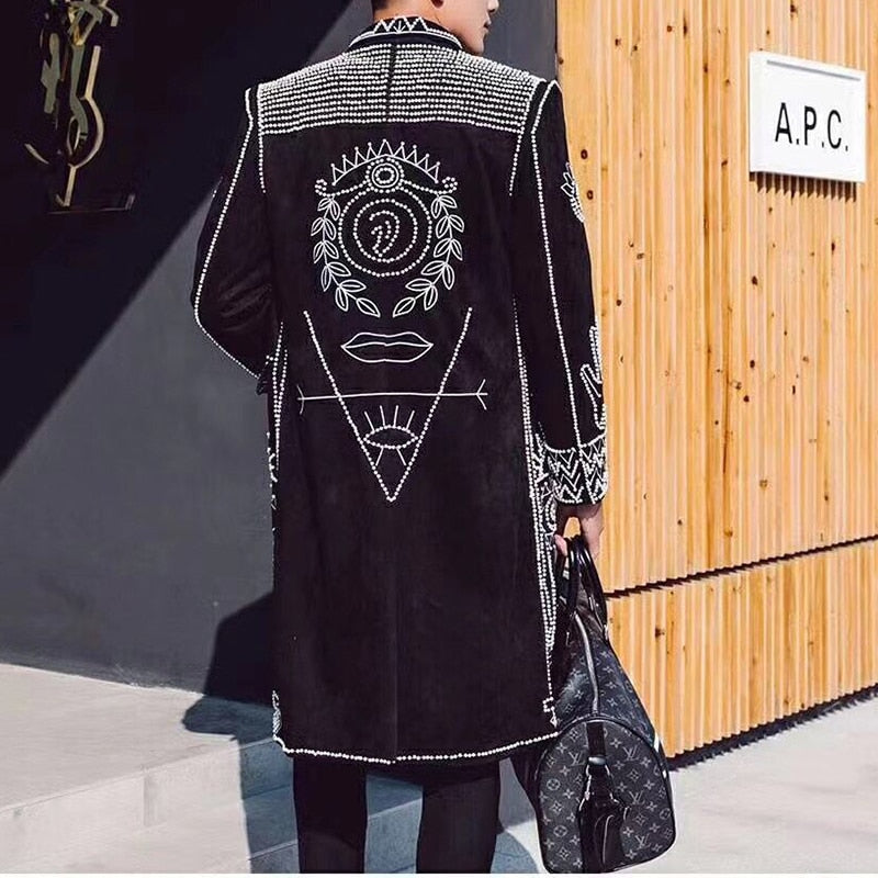 Top Quality Heavy Beaded Embroidered Jacket Men's Slim Fit Long Jacket Men Coat Nightclub Master Clothes Performance Club Stage