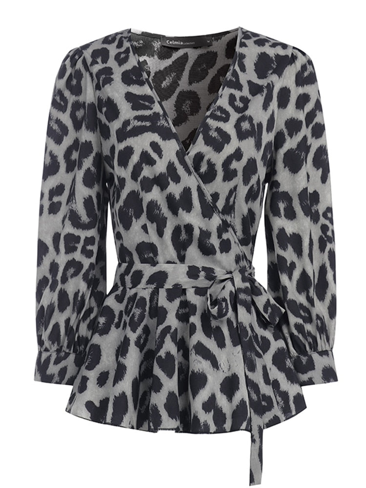 Celmia Women Elegant Blouse 2022 Summer Sexy V-Neck Leopard Print Tunic Shirt Belted Office Fashion Top Ruffles Blusas Femininas
