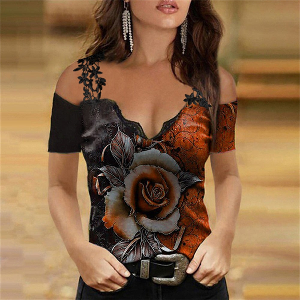 New Sexy Lace Print T-Shirt Women's Top Casual O-Neck Short Sleeve Tees Shirt Loose Summer Elegant Off Shoulder Pullover Tshirts