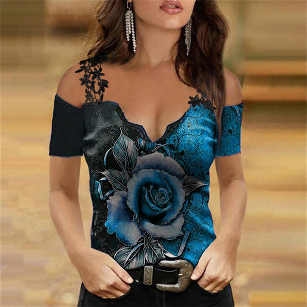 New Sexy Lace Print T-Shirt Women's Top Casual O-Neck Short Sleeve Tees Shirt Loose Summer Elegant Off Shoulder Pullover Tshirts
