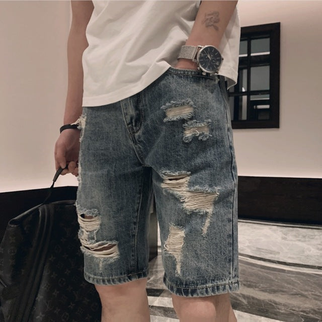 Summer New Ripped Men Shorts Trendy Casual Straight Hole Five-point Pants Hip Hop Beggar Loose Male Denim Shorts
